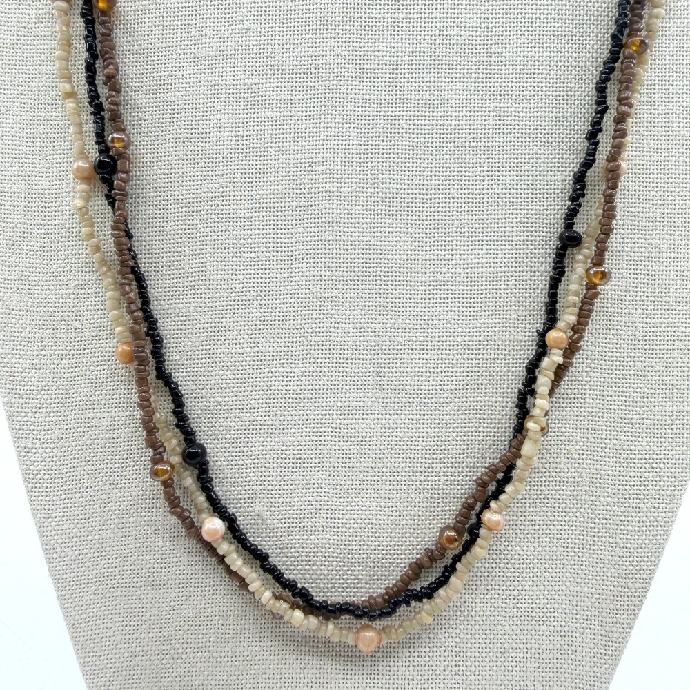 Black Brown Cream Seed Bead Multi Strand Necklace Layered Bohemian Fashion